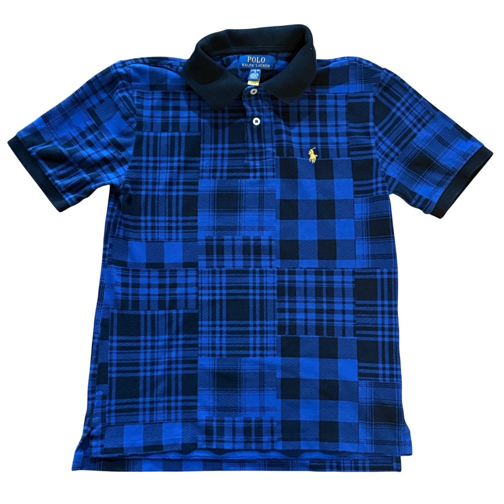 Polo Ralph Lauren Boys Blue Black Patchwork Plaid Polo Shirt Size L 14-16
